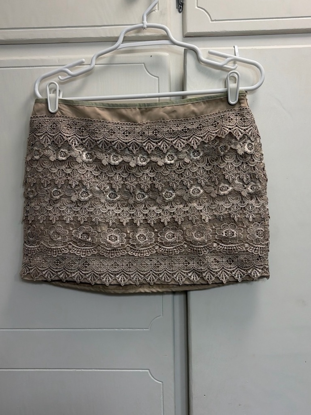 Lace Overlay Mini Skirt in Taupe